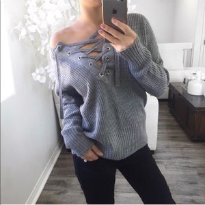 Gray knit lace up sweater